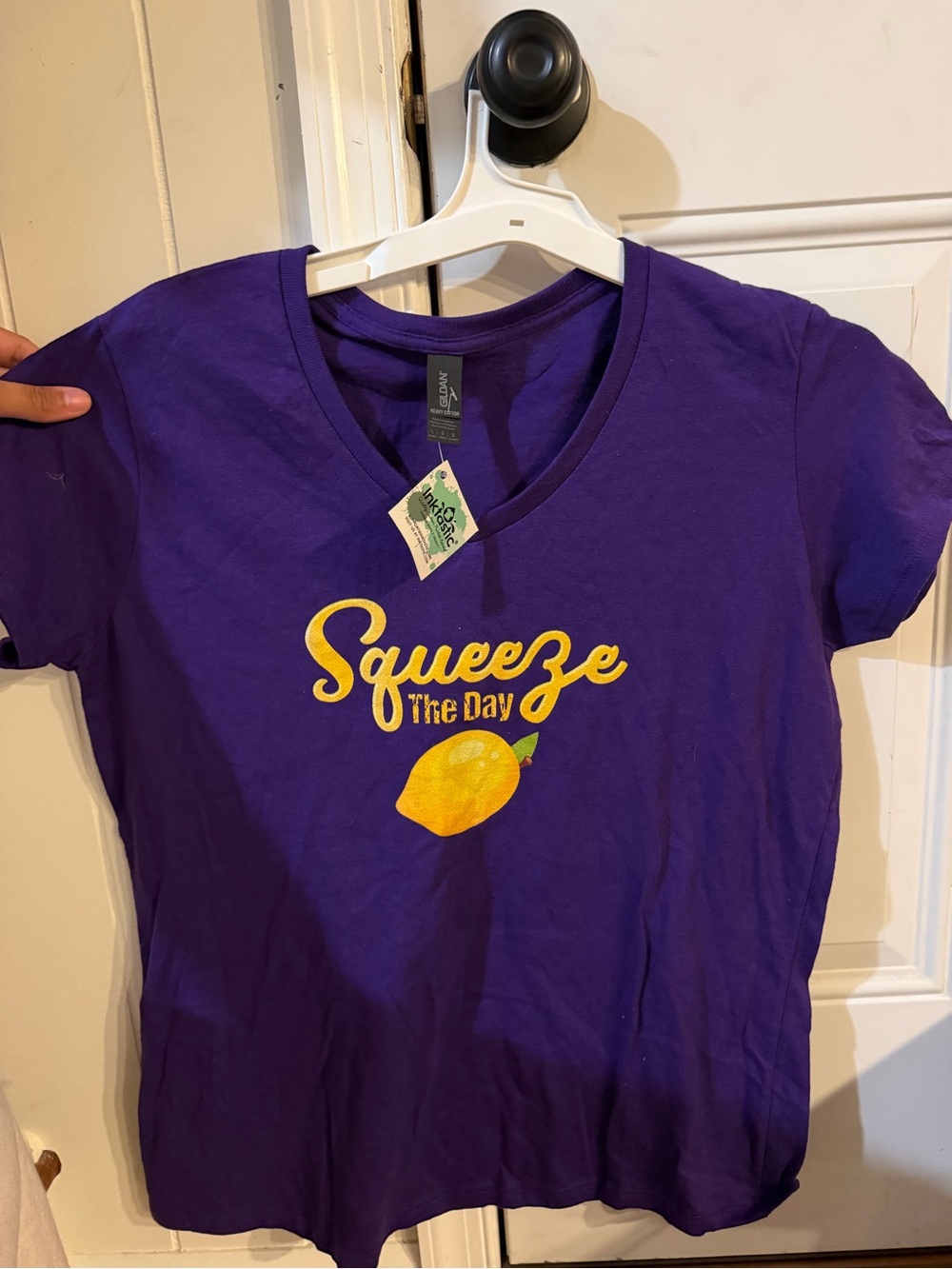 Gildan Purple V-Neck Tee with Yellow Lemon Graphic